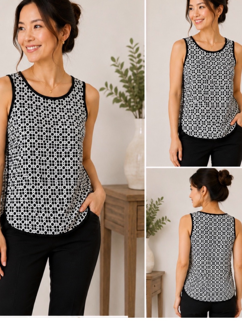 C. Wonder Sleeveless Geometric Print Top Black White XXS